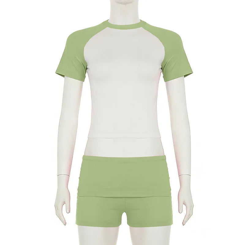 Women's Colorblock 2 Piece Outfit Set Raglan Sleeve Crop Top High Waist Foldover Waistband Biker Shorts Casual Sporty Loungewear