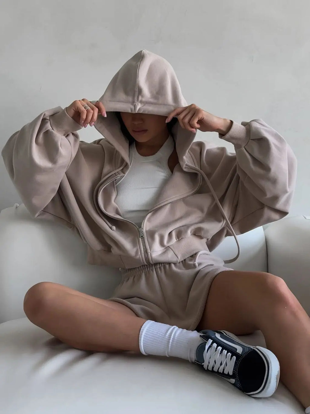 Women's Outfit Long-Sleeve Hooded Drawstring Sweatshirt Shorts Set Two-Piece Sets Sports Suit Sportswear Streetwear Trendy
