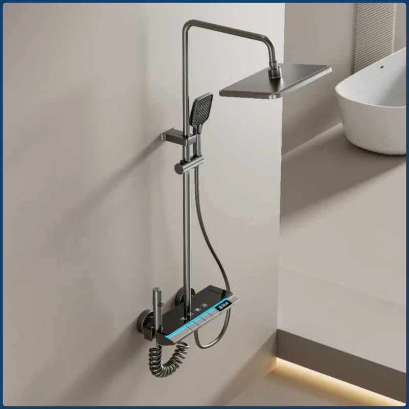 4-way Rainlfall Shower System Set Smart Digital Bathroom Shower Faucet Set Grey Aluminum Shower Set with Temperature Display