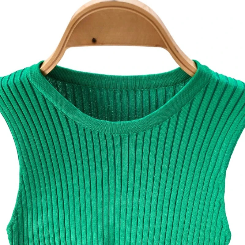 Women's Green Sleeveless Halter Neck Sundress Stretchy Ribbed Knit Ruffle Bodycon Mini Dress Casual Party Clubwear Short Dress
