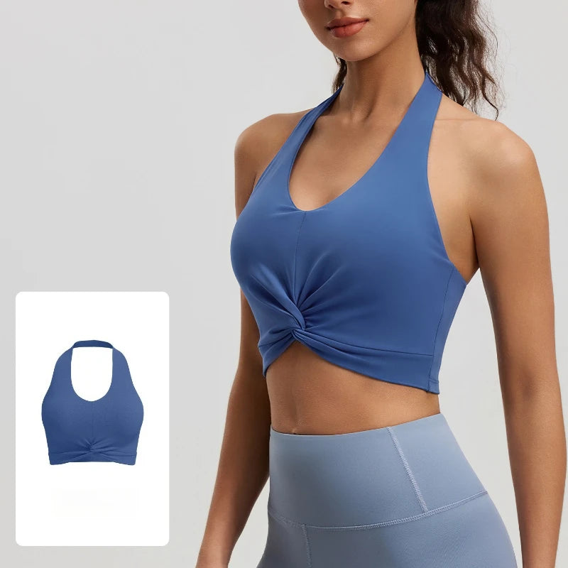 2026 NEW Women's High Elastic Breathable Yoga Vest Neck Back Sports Underwear Double-Sided Brocade with Detachable Chest Pad
