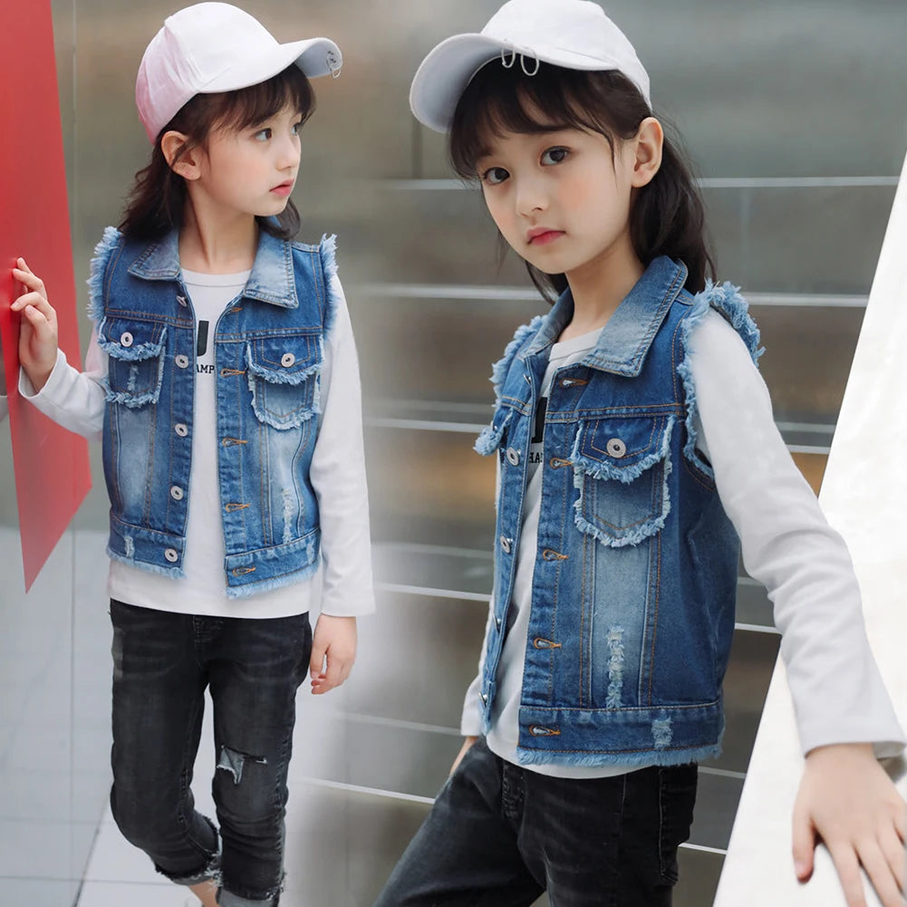 Girls Denim Vest,Kids Denim Jacket,Boys Vest Coat,Sleeveless Tassels Lapel Outerwear,Casual Button Children's Cowboy Waistcoat