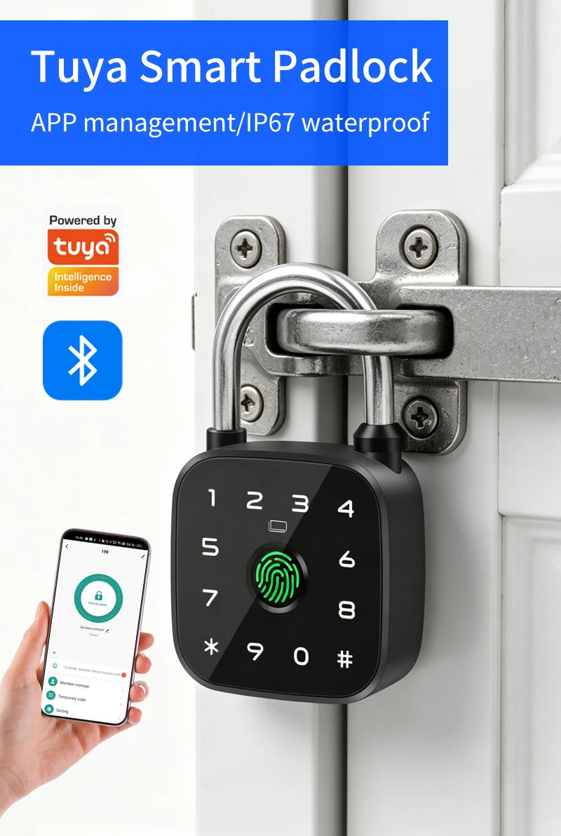 IP67 Smart Padlock Support Tuya App Fingerprint Password RFID Card Key Unlock Type-C Charging Multi-function Anti-theft Lock