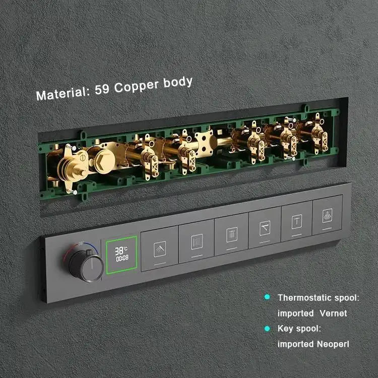 Rainfall LED Bluetooth Shower Set with Digital Display and Thermostatic Control All Brass Buttons