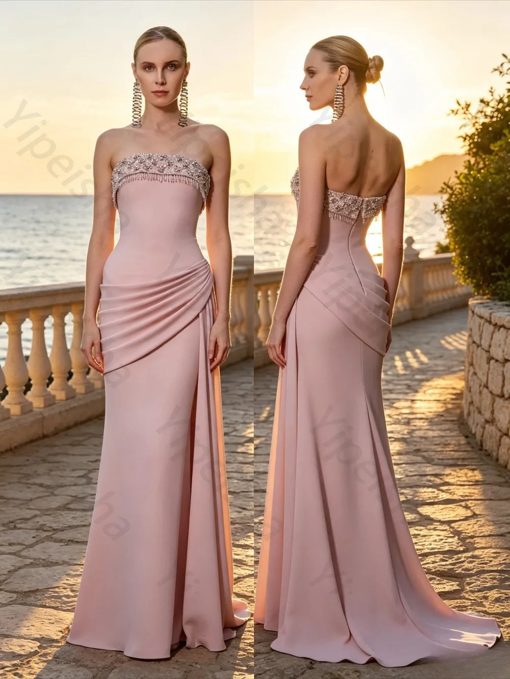 Customized 2026 Pink Strapless Beaded Bodice Ruched Waist Mermaid Zipper Pleated Gown Formal Prom Wedding Evening Party Dress