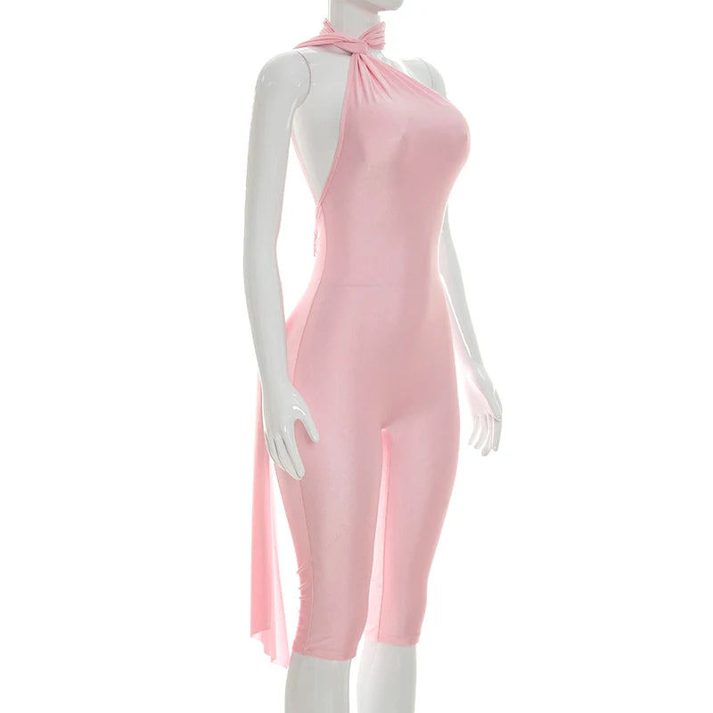 Women Fashion Overalls Playsuits Beach Vacation Clubwear Sexy Backless Ruched Halter Neck Tie Solid Slim Fit Capris Jumpsuit
