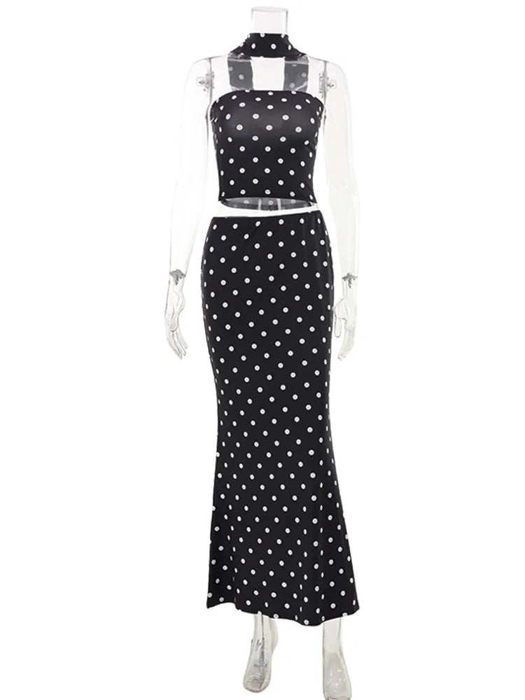 Ahagaga Fashion Women's Strapless Suits With Scarf Polka Dot Summer Regular Causal 2Pcs (Tops+Skirts) Sexy Slim Fit Female Sets