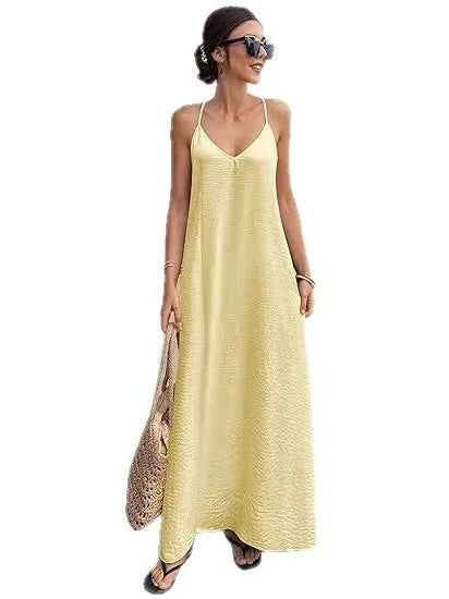 Elegant Simple Backless Sexy Hollow Sleeve Long Dress Women's Straight Tube Skirt Travel Sleeveless Strap Dress Casual High W...