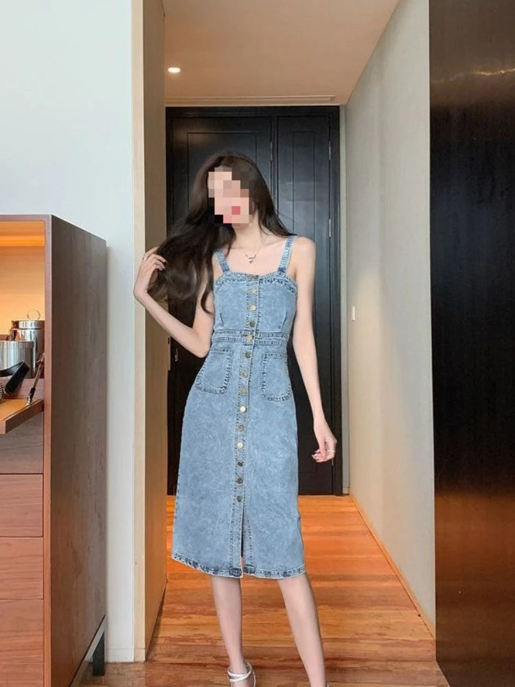 Denim Dress Sexy Style New Arrival Ins Strap Waist Single Breasted Stitching Female Bodycon Midi Dresses Female Vestidos