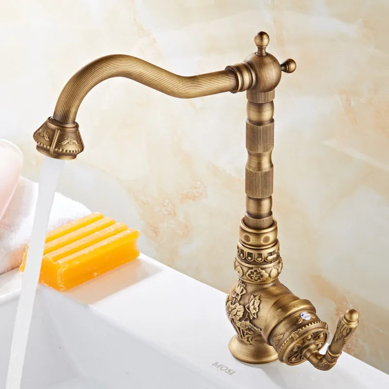 Tuqiu Basin Faucet Antique Sink Faucet Carved Bathroom Faucet Rotate Hot & Cold Brass Kitchen Faucet FWater Mixer Tap Crane