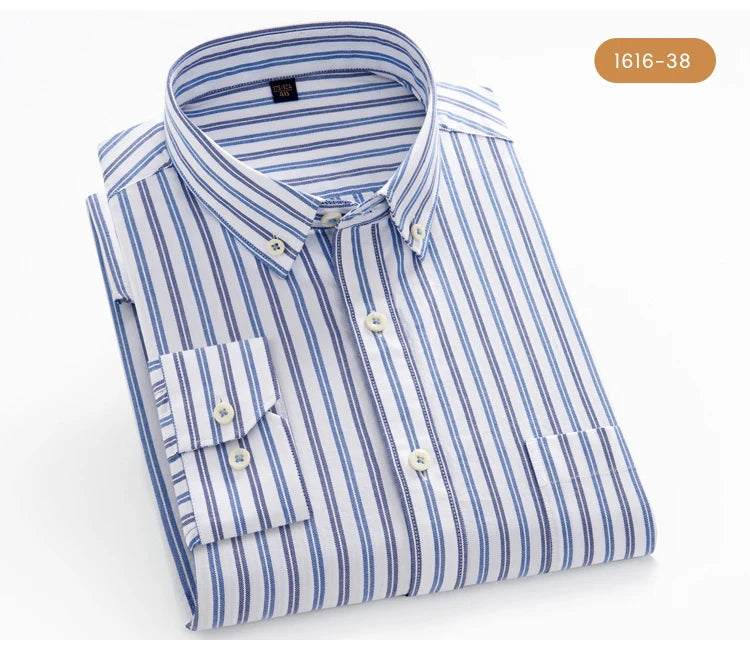 Men's 100% Cotton Breathable Oxford Fabric Dress Shirt, Plaid Striped Casual Long Sleeve, Button-Up with Collar and Chest Pocket