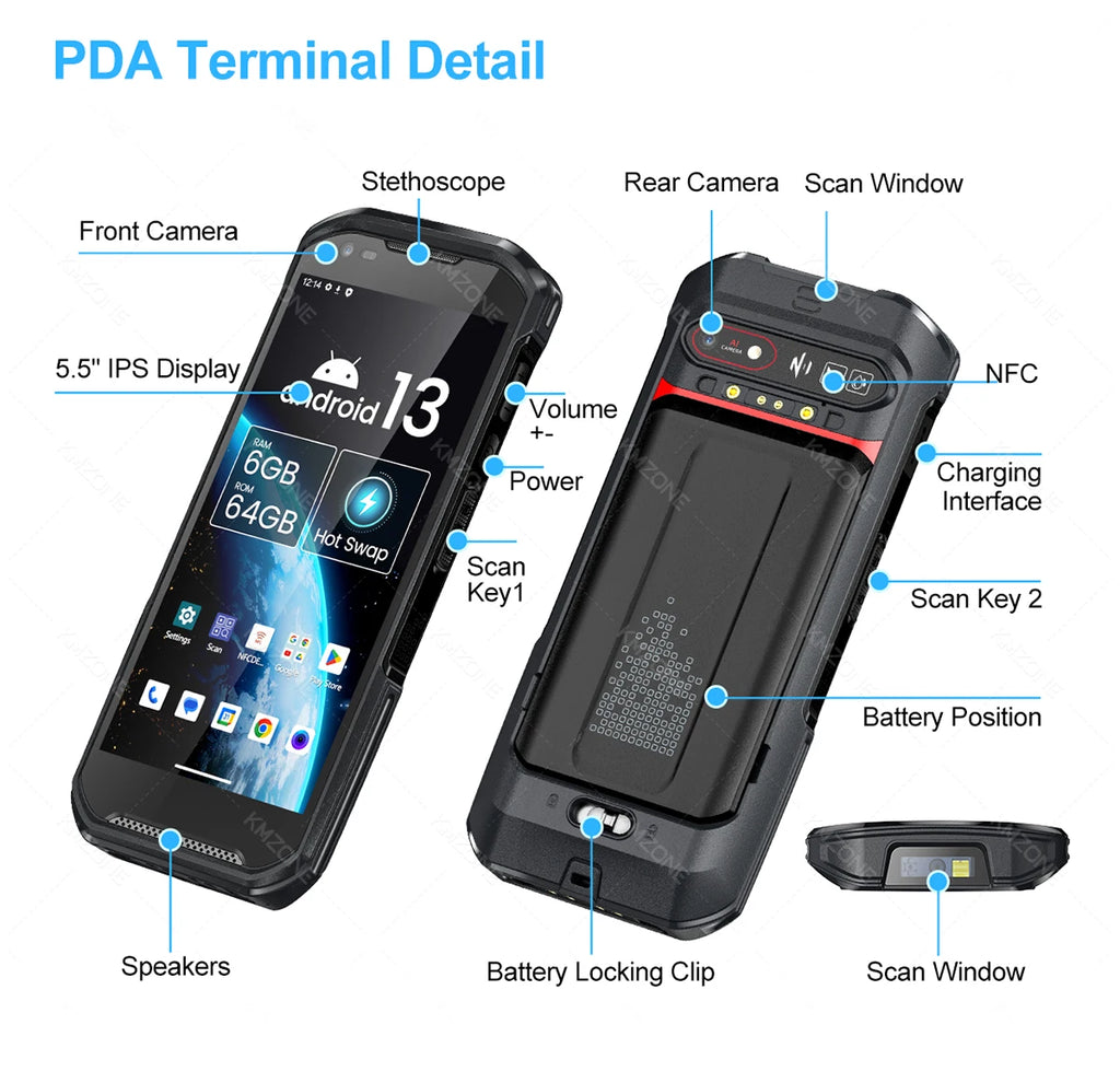 Android 13 Handheld PDA 1D 2D QR Portable Barcode Scanner Reader 6GB+64GB POS Terminal Data Collector with Hot-swap/Cradle