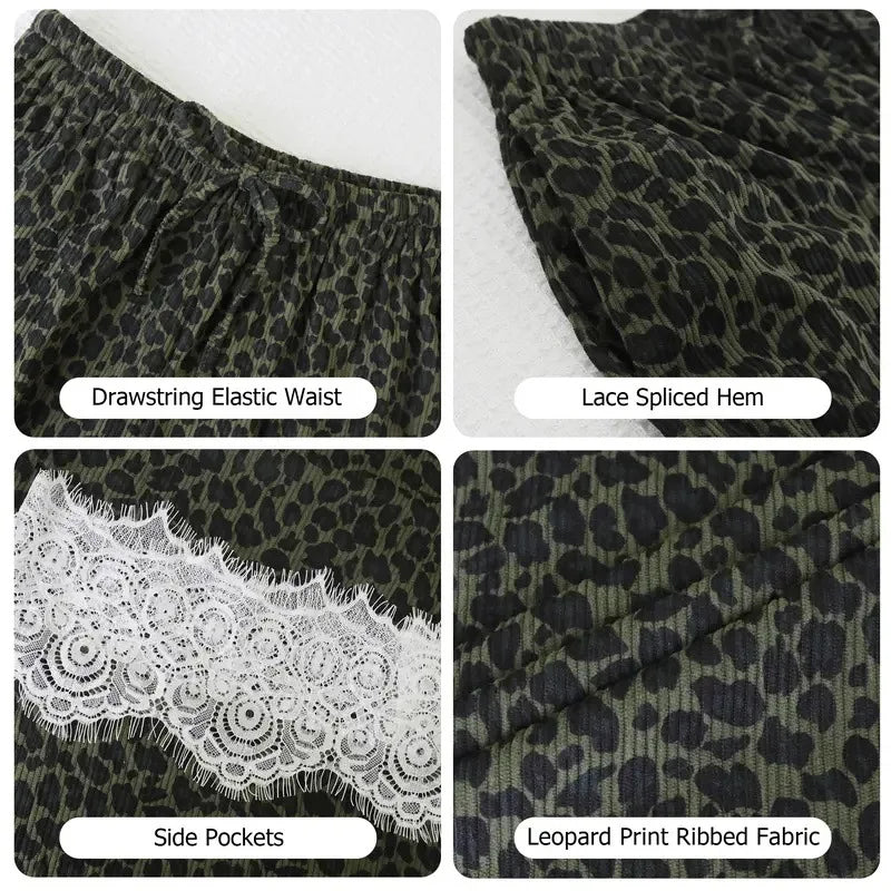 Women Leopard Print Wide Leg Pants Elastic Drawstring Waist Lace Trim Hem Loose Casual Palazzo Trousers With Pockets