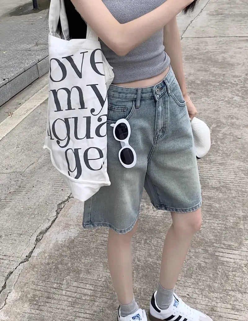 Denim Shorts Vintage High Waist Loose Fit Distressed Design Ins Style Sweet Spicy Girls All-match Casual Summer Streetwear Y2k