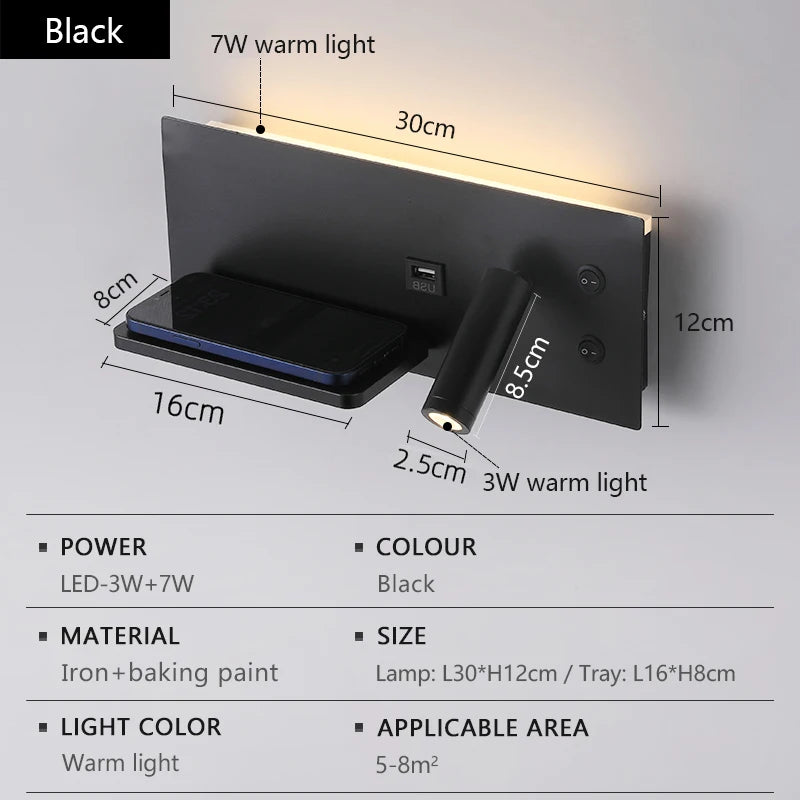 Modern LED Wall Lamp with Wireless Charger Simple Creative USB Interface Night Light Suitable for Living Room Bedroom Study