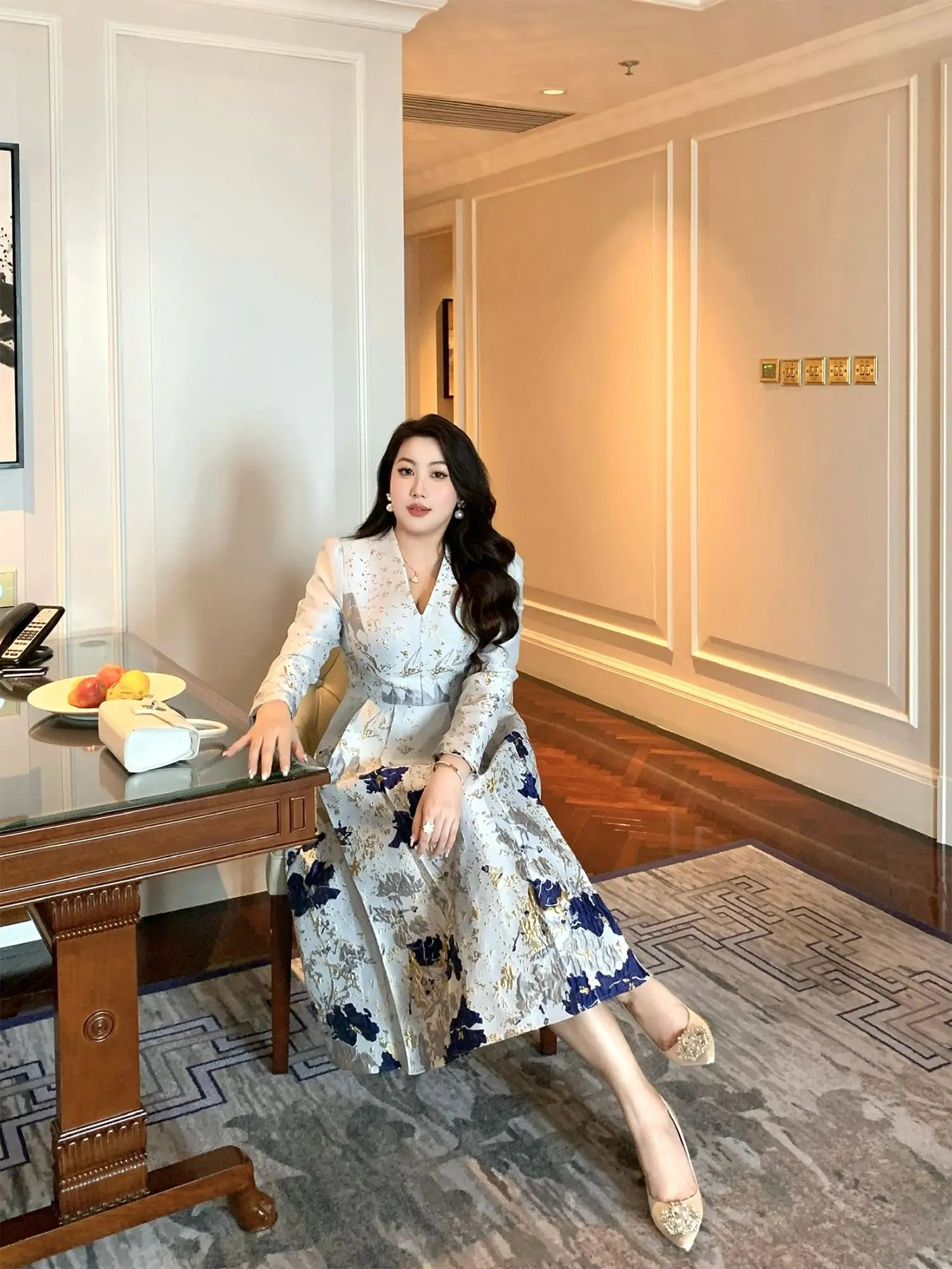 Big Size Spring Summer Jacquard Dress Occasion V-Neck Brocade Dress Women Long Sleeve Party Evening Clothing Mid-Calf Ball Gown