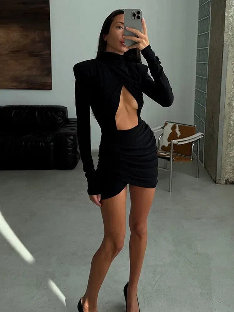 Elegant Hollow Out Mini Dress Women Sexy Long Sleeve Bodycon Waist Cinching Vestidos 2025 Chic Autumn Office Lady Commute Robes