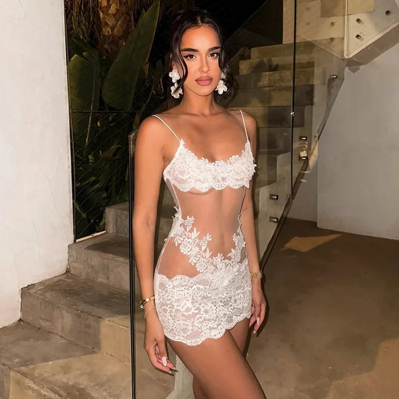 Woman Clothing Spaghetti Strap Mesh Lace Patchwork Party Club Dress Female Sexy See-through Sleeveless Short Evening Dresses