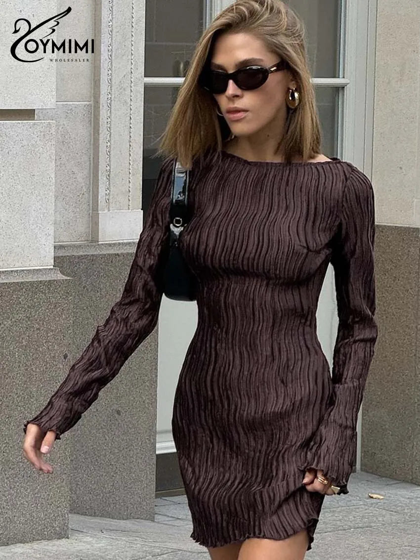 Oymimi Elegant Brown Pleated Women's Dress Fashion O-Neck Long Sleeve Slim Dresses Casual Straight Mini Dresses Female Clothing