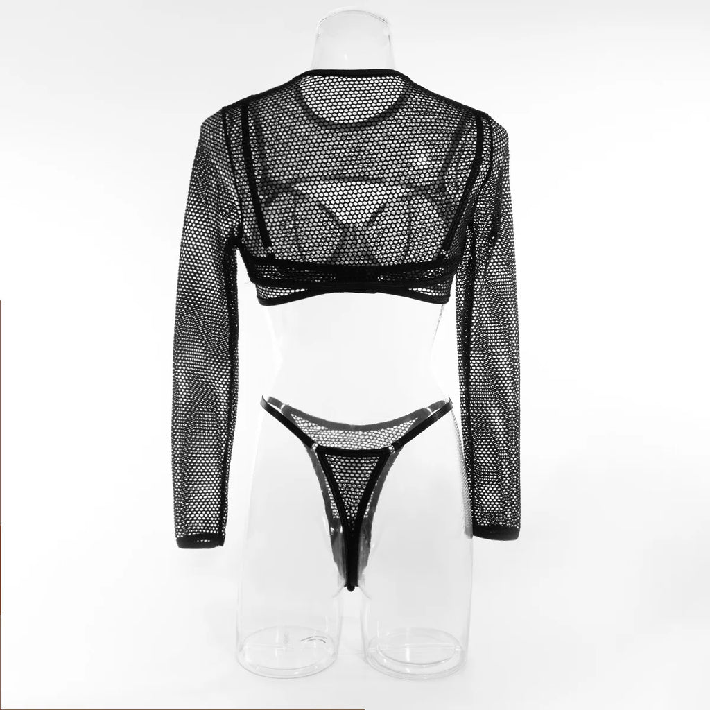 Brskbzda Sensual Fishnet Lingerie Cover-up Top Long Sleeved Lace See Through Sexy Outfit Tulle Underwear Cut Out Exotic Sets