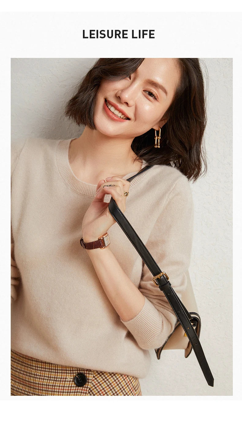 100%Merino Pure Wool Pullover Sweater For AutumnWinter Women's Round Neck Warm High-Quality Solid Color Basic Knitted Jumper Top