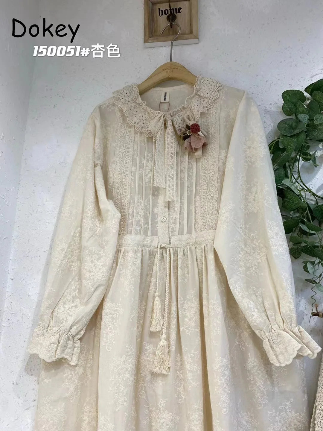 Vintage Embroidery Long Sleeve Cotton Linen Dresses Women Japanese Mori Girl Ruffled Lace Collar Loose Midi Dress Casual Vestido