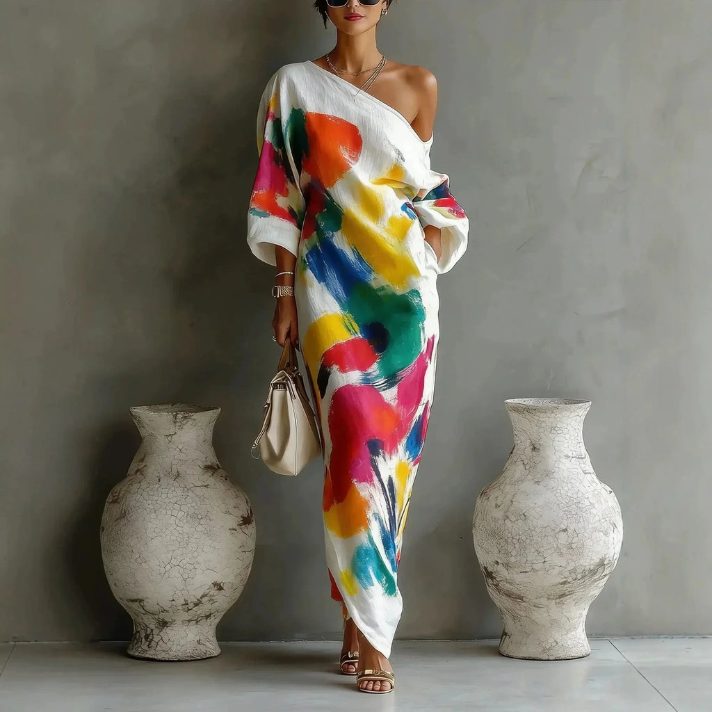 Abstract Brush Print One Shoulder Maxi Dress 3/4 Sleeve Loose Fit Casual Kaftan with Pockets, Bohemian Art Print Dress for Women