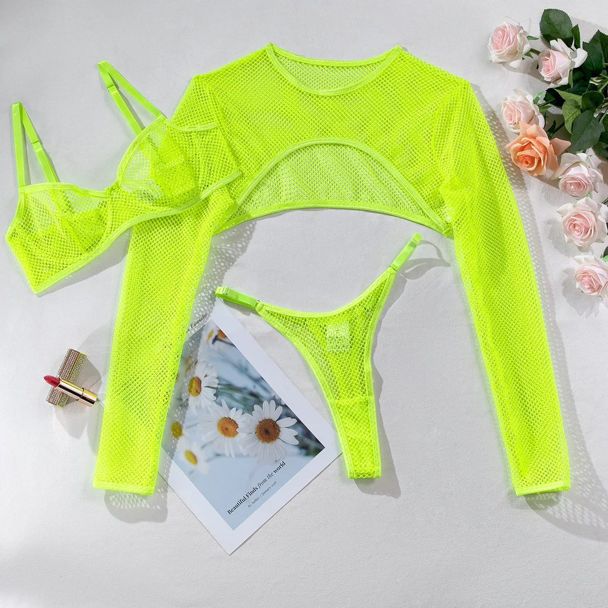 Brskbzda Sensual Fishnet Lingerie Cover-up Top Long Sleeved Lace See Through Sexy Outfit Tulle Underwear Cut Out Exotic Sets