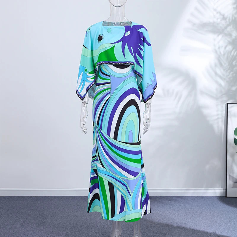 Bohemian Printed Shirt Skirt Suits Women Vintage Irregular Long Sleeve Top Female Sets High Waisted Long Skirt Ladies Outfits
