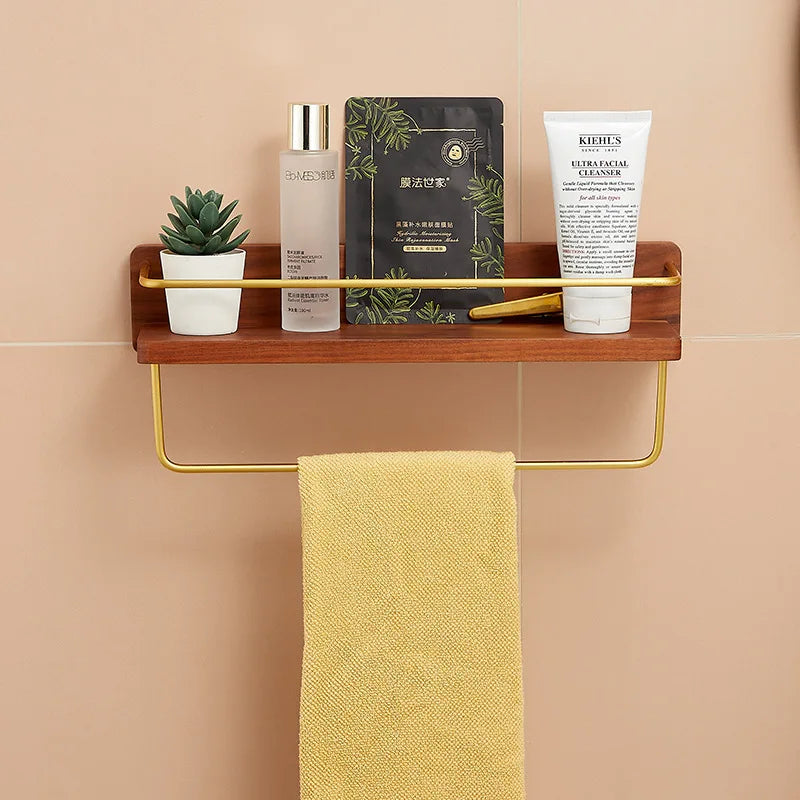 Brushed Gold Solid Wood Bathroom Shelf Wall Mounted Bathroom Storage Rack Towel Rack Bath Shower Shelf Bathroom Shelves