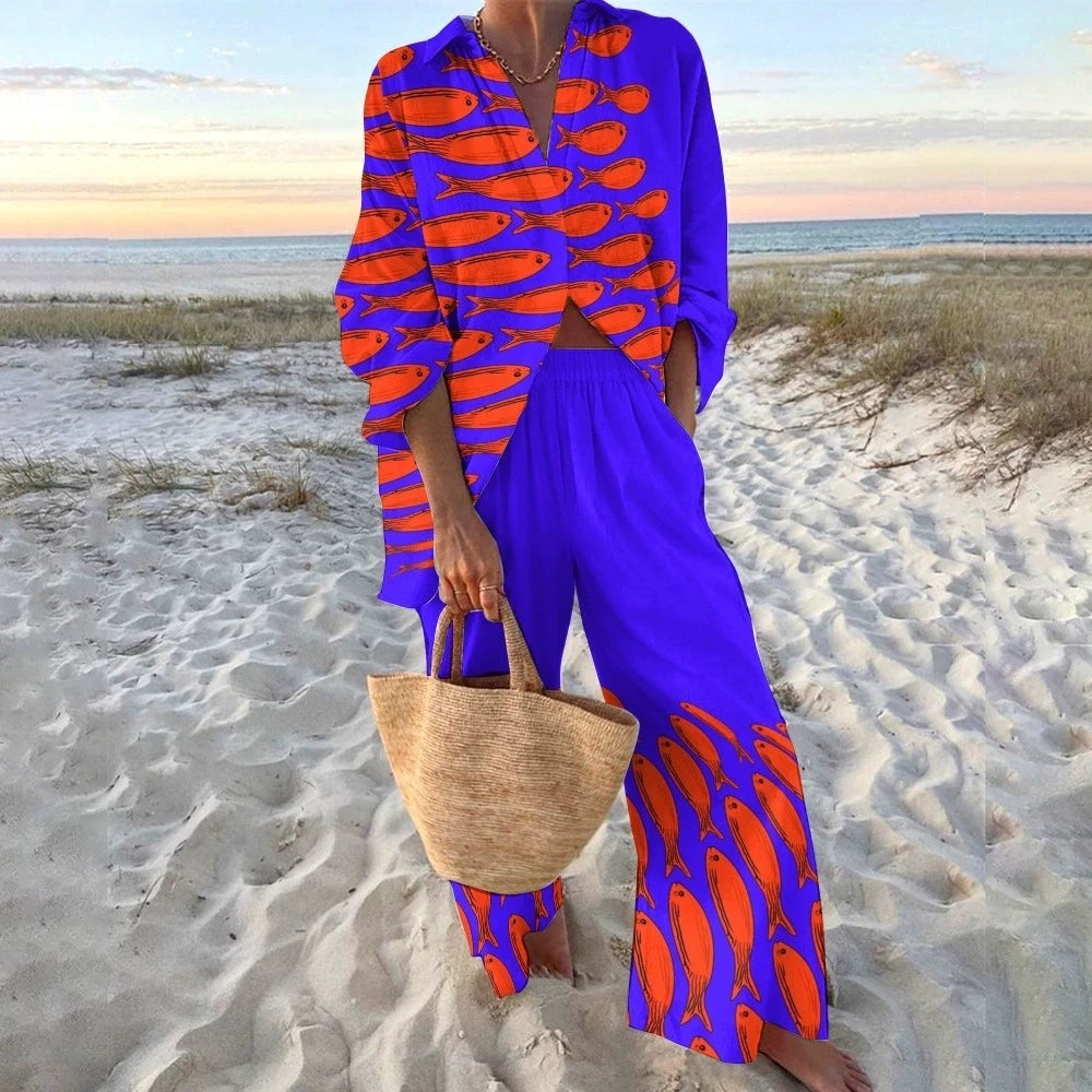 Women's Autumn Holiday Sets Outfits Fashion Print Long Sleeve Shirt Top+Wide Leg Pants 2 Pieces Set For Woman Boho Clothes New