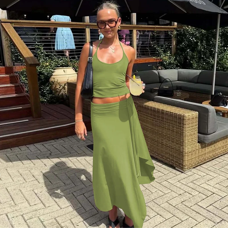 Hugcitar Fashion 2 Pcs Sets Halter Solid Backless Lace Up Sexy Crop Tank Top Ruched Maxi Skirt Women Outfit Beach Vacation Sport
