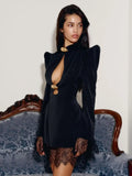Black Lace Trim Hollow Out Mini Dress Women A-line Turtleneck Waist Cinched Short Sleeve Vestidos 2026 Lady Daily Party Gown