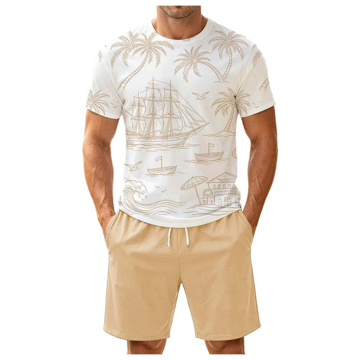 Men's Two Piece Set: Fun Printed Short Sleeved T Shirt And Belt Shorts Stylish And Simple Printed Set Tuxedo Suit Set for Men