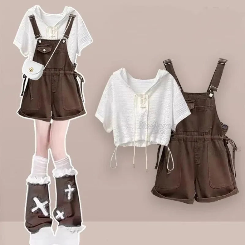 Women's Summer New Casual Short Sleeve Top+Retro Denim Strap Shorts 2-Piece Suit 2026 Korean Elegant T-shirt Pants Matching Set