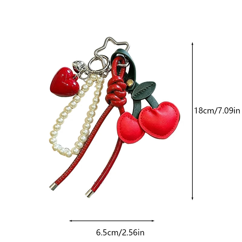 Y2K Leather Rope Red Cherry Keyring Pearl Beads Bag Key Chain Charm Pendant Women Trendy Keychain Decoration