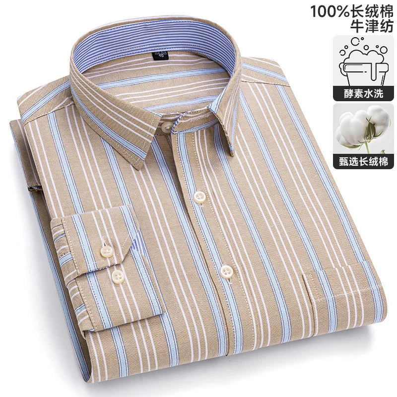 S-6XL Oxford Shirts for Men Long Sleeve Pure Cotton Solid Stripe Leisure Embroidered Horse Streetwear Business Plain Office 6XL