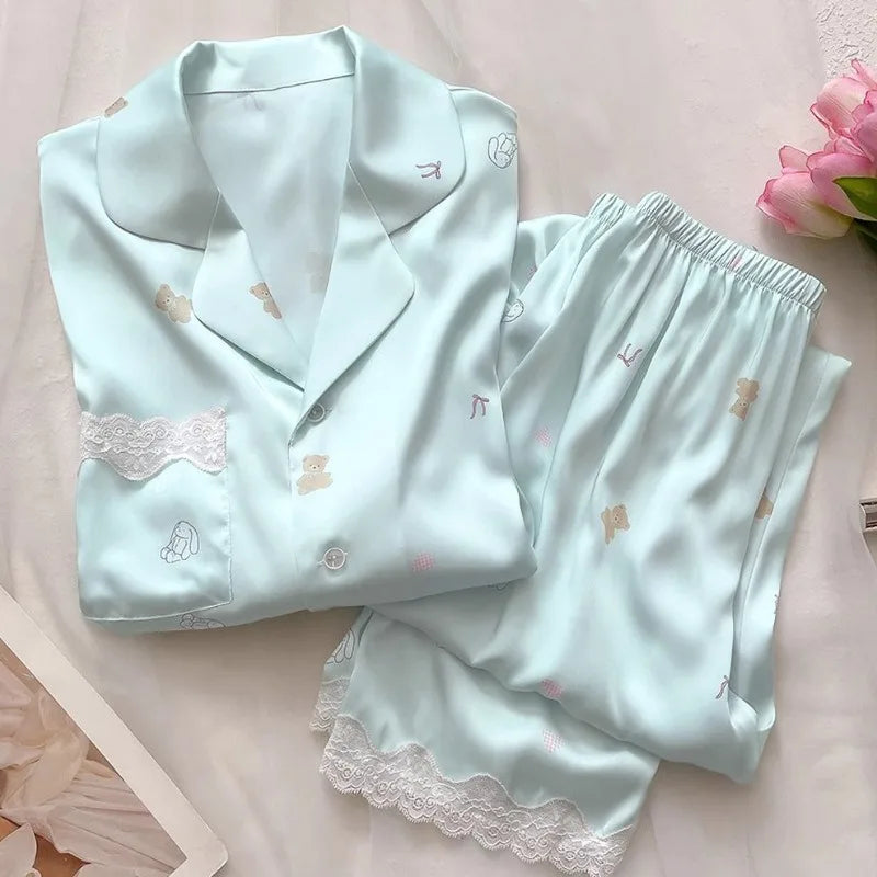 Bear Print Pajamas Women Cool Ice Silk Short Sleeve Pants Loungewear Cardigan Lace Fall and Winter Two-Piece Set Plus Size