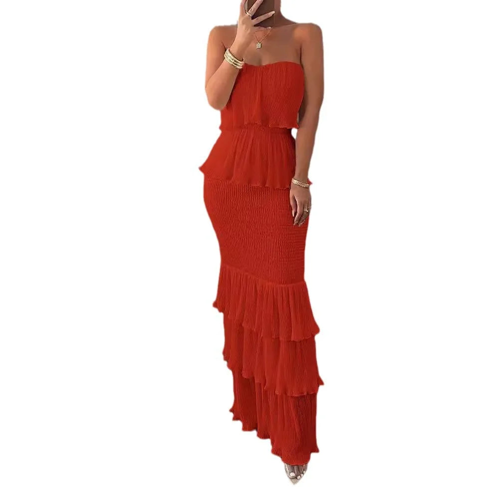 Womens Dresses 2024 Summer Fashion Temperament Solid Color Sexy Bandeau Sleeveless Slim Fit Shirred Ruffle Layered Long Dress
