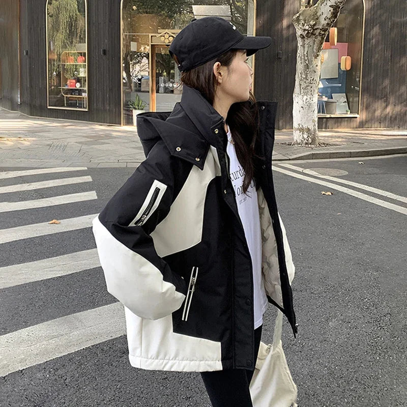 Black and White Patchwork Women Autumn Hiking Jacket Winter Winderproof Warm Hooded Coat Korean Zip Up Streetwear Couple Jackets