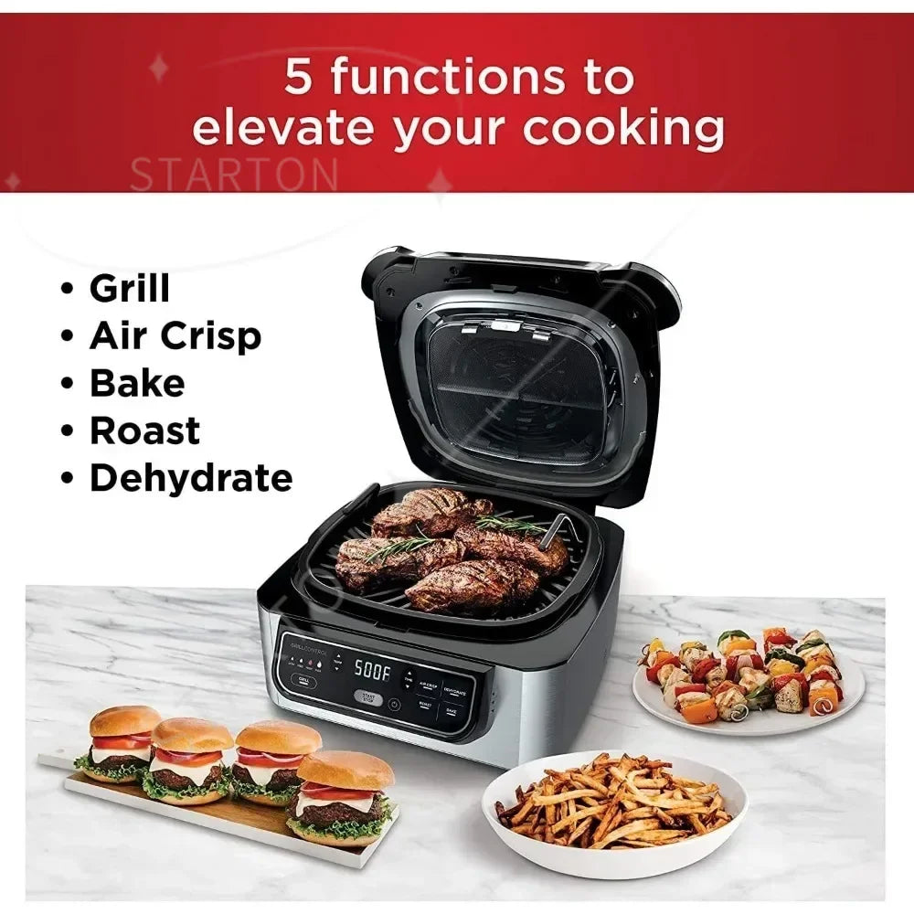 5-in-1 Indoor Electric Grill for Air Fryer Roast Bake Dehydrate Programmable Kitchen Appliance for Home Cooking Black Silver