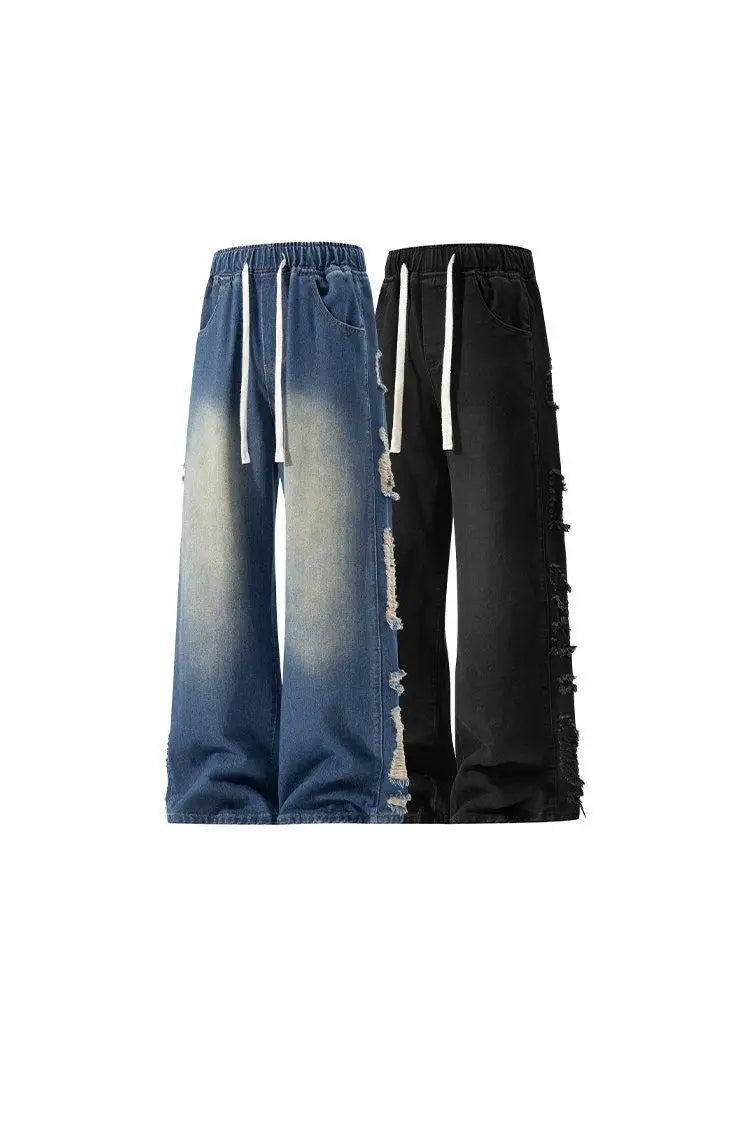 M-XXXL Men's Vintage Washed Jeans American Style Distressed Casual Denim Pants Autumn with Side Rips Drawstring Elastic Waist