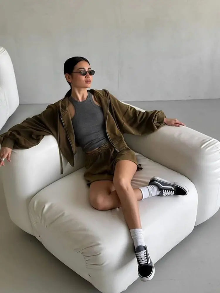 Women's Outfit Long-Sleeve Hooded Drawstring Sweatshirt Shorts Set Two-Piece Sets Sports Suit Sportswear Streetwear Trendy