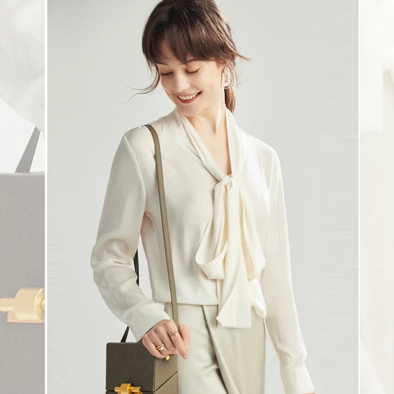 Spring Summer Silk Ribbon Blouse 90% Mulberry Silk Lace Up Long-sleeve Elegant Tops