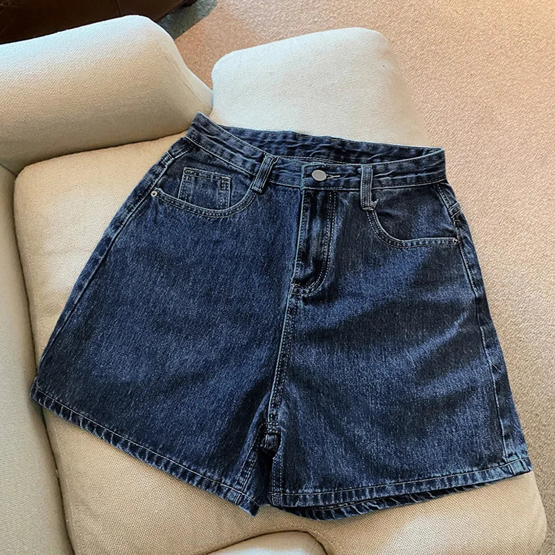 Women High Waist Denim Shorts Summer Chic Streetwear Female Casual Wide Leg Short Pants Solid Color Lady Loose Straight Shorts