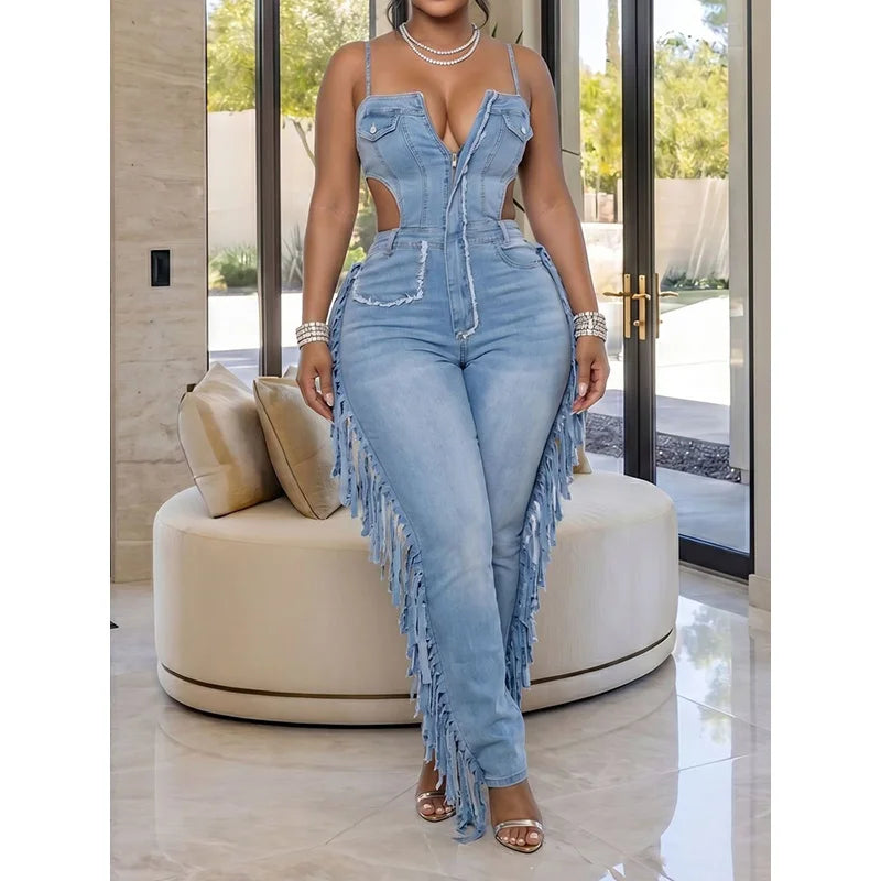 Slergiri Sexy Backless Spaghetti Strap Fringe Denim Jumpsuit Women Fashion New 2026 Summer Zipper Front Ripped Jeans Jumpsuit