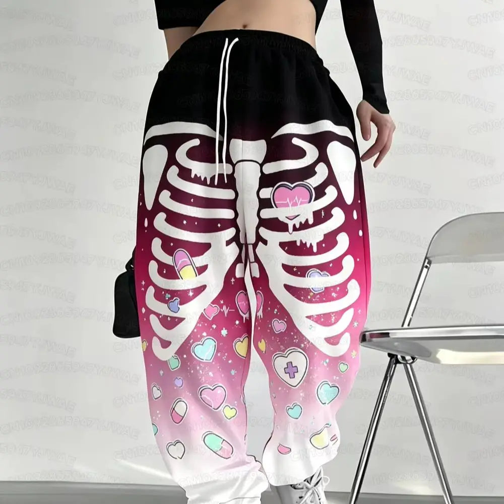 Spring and Autumn Women's Men's Gothic Hip Hop Yami Kawaii Y2K Skull Print Street Style Casual  Long Jogger Pants