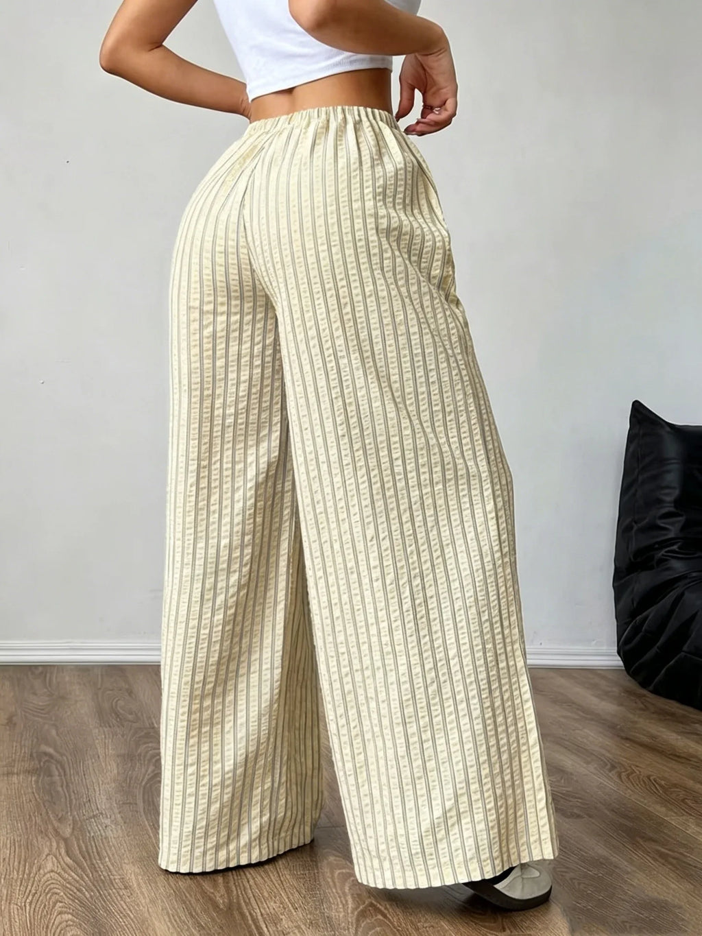 Women's Casual Striped Wide-Leg Pants   Summer Commute Fashion Drawstring Elastic Waist  Versatile Relaxed Straight Leg Trousers