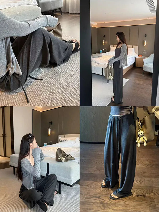 Women's Straight Pants Spring Summer Loose Casual High Waist Wide-leg Pants Drawstring Solid Gray Trousers Women