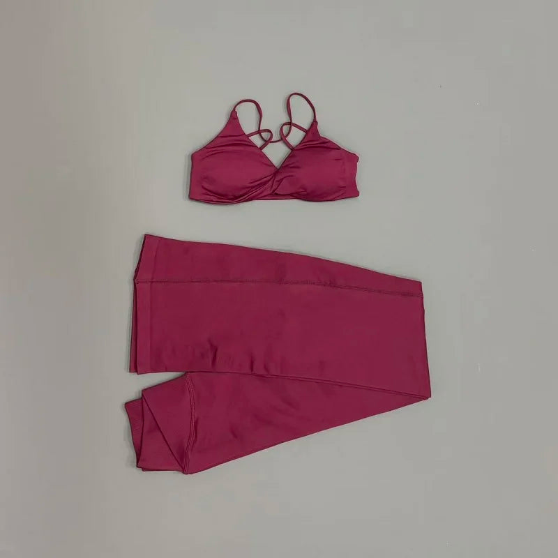 2Pcs Yoga Set Seamless Women Twist Front Sports Bra and Vision Flares Leggings Sets Scrunch Butt Cross Waist Gym Flare Pants Set